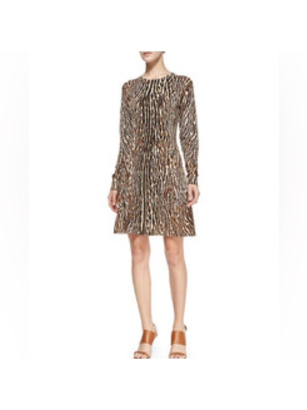 Michael Kors Brown Leopard Print Long Sleeve Flared Dress Medium NWT - Picture 2 of 10